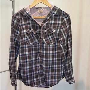 Boston Traders Plaid Hooded Button-Down Shirt - Grey, Pink & Blue